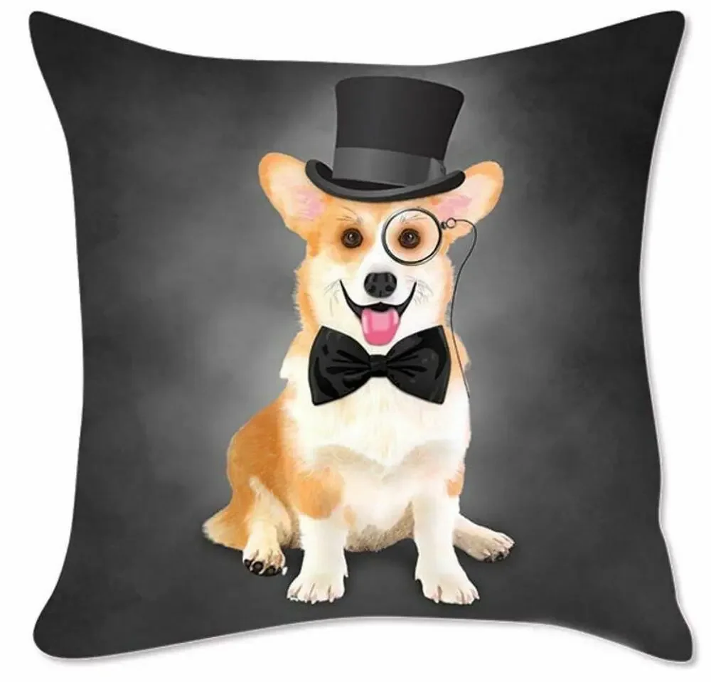 New Cultured Corgi Puppy Dog Top Hat Monocle & Tie Pillow Cover Home Gift
